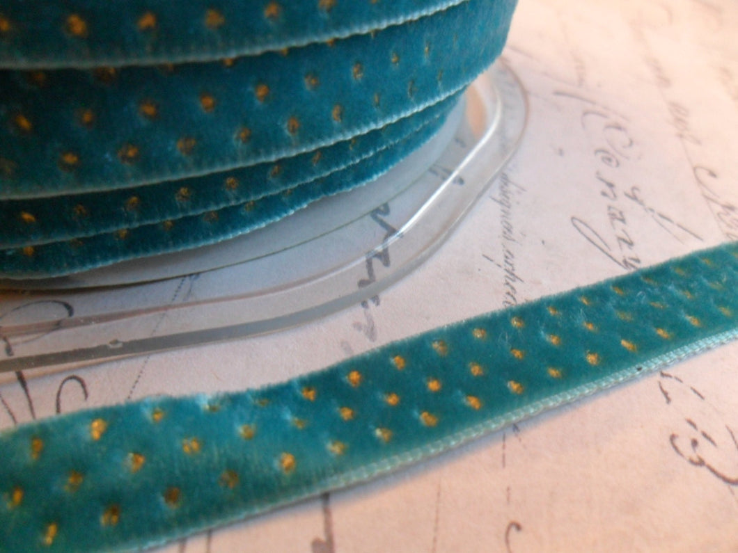 3/8 inch Teal Blue with Metallic Gold Dots Velvet Ribbon