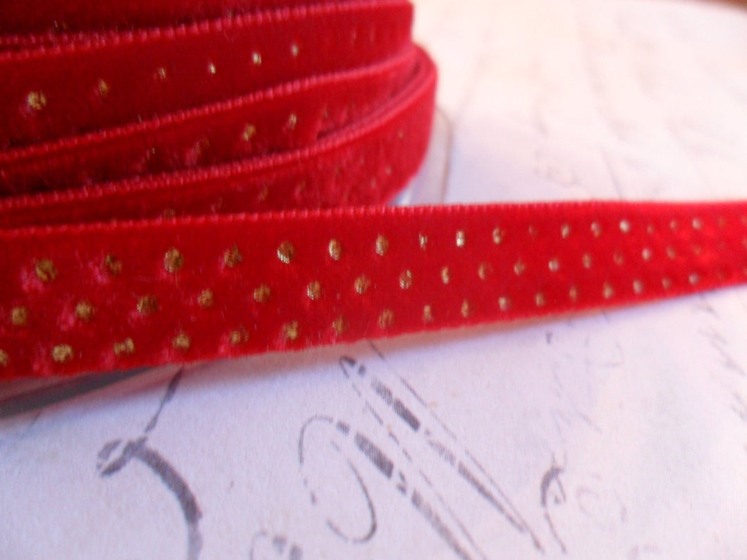 3/8 inch Ruby Red with Metallic Gold Dots Velvet Ribbon