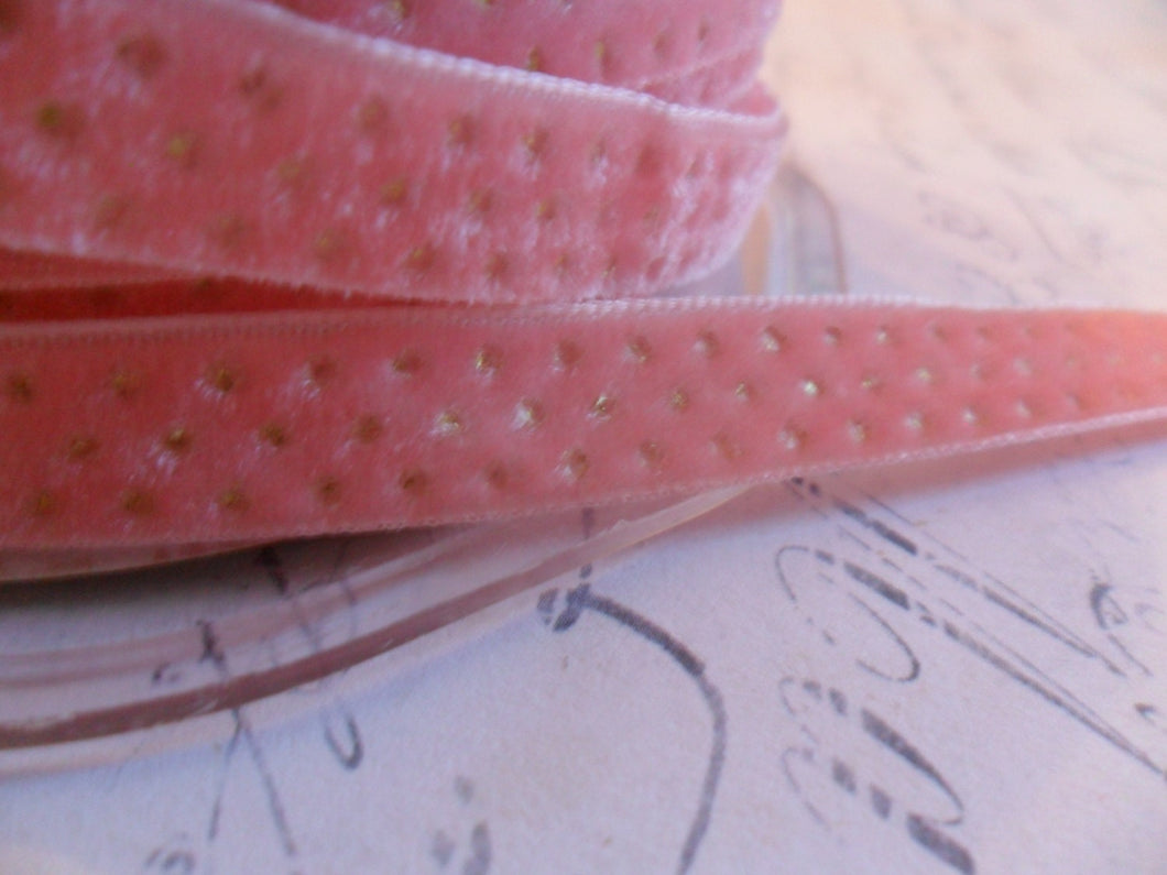 Perfectly Peachy Pink with Metallic Gold Dots Velvet Ribbon 3/8 wide