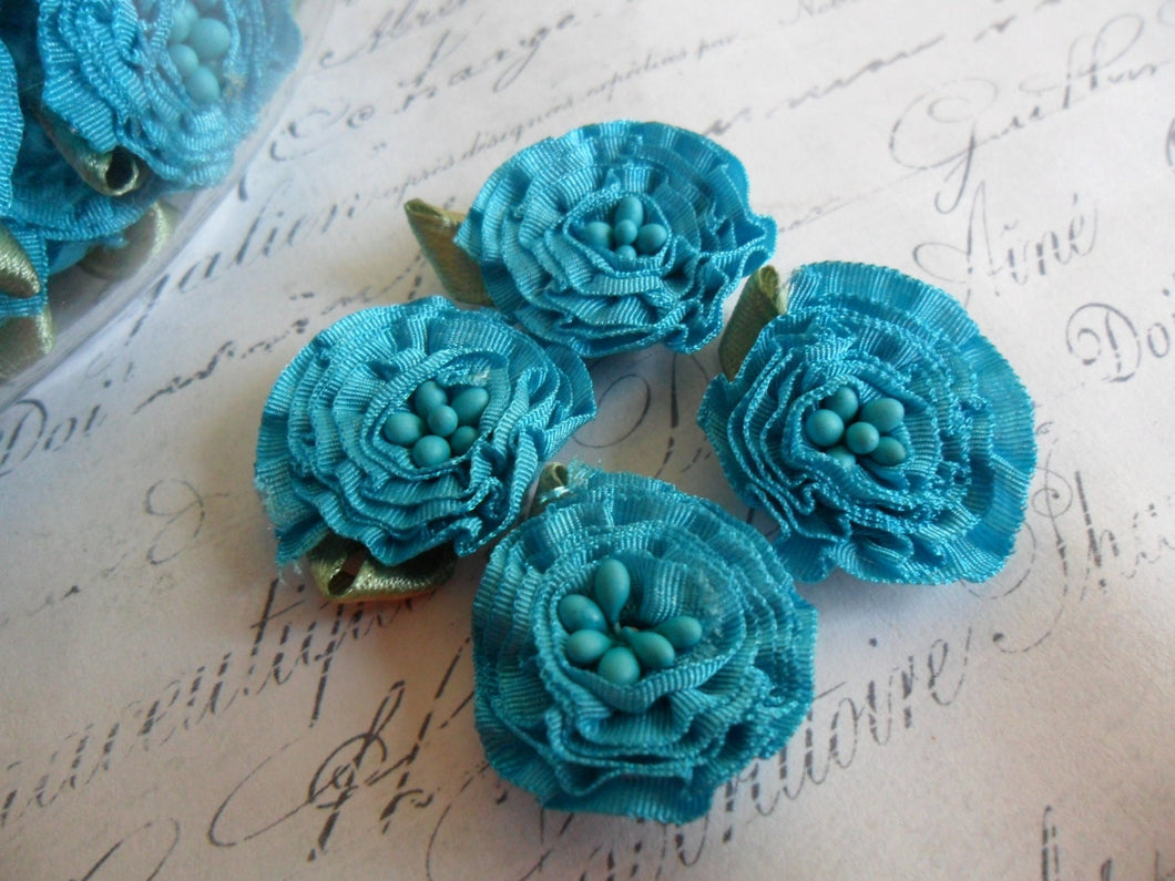 Turquoise Blue Ruffled Ribbon Rosettes Set of 4 approx 1 inch in diameter