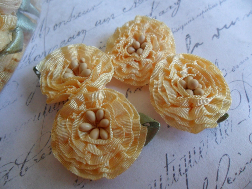 Butterscotch Ruffled Ribbon Roses set of 4 approx 1 inch in diameter