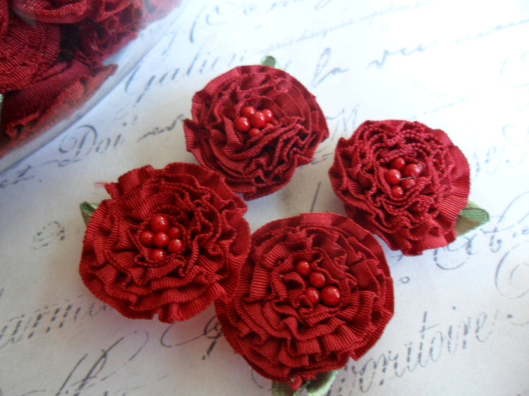 Ruby Red Ruffled Ribbon Rosettes set of 4 approx 1 inch in diameter