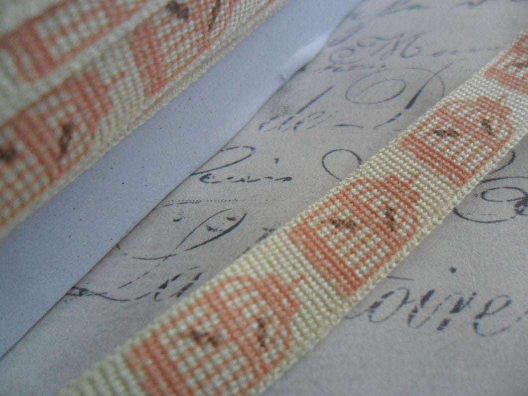 9/16 Cotton Twill Tape Printed with Bird Cages Pink and Brown