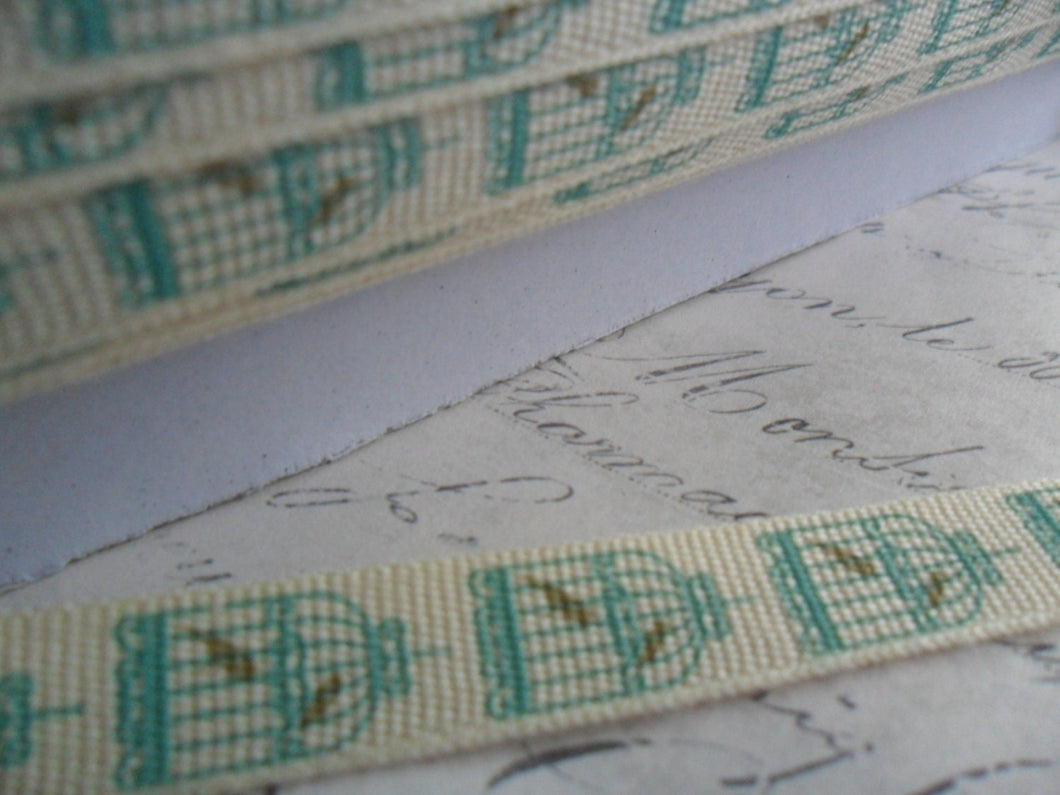 9/16 Cotton Twill Tape Printed with Bird Cages Aqua and Brown
