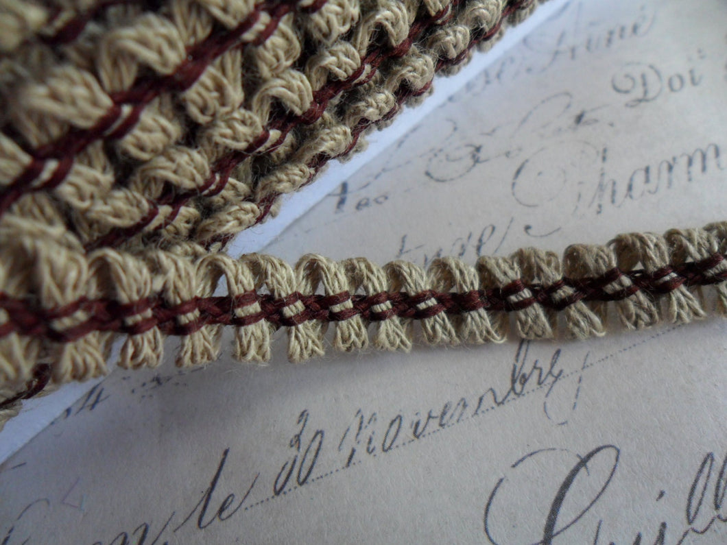 Natural Linen Looped Braid with Decorative Chocolate Brown Stitching approx 3/8 inch wide
