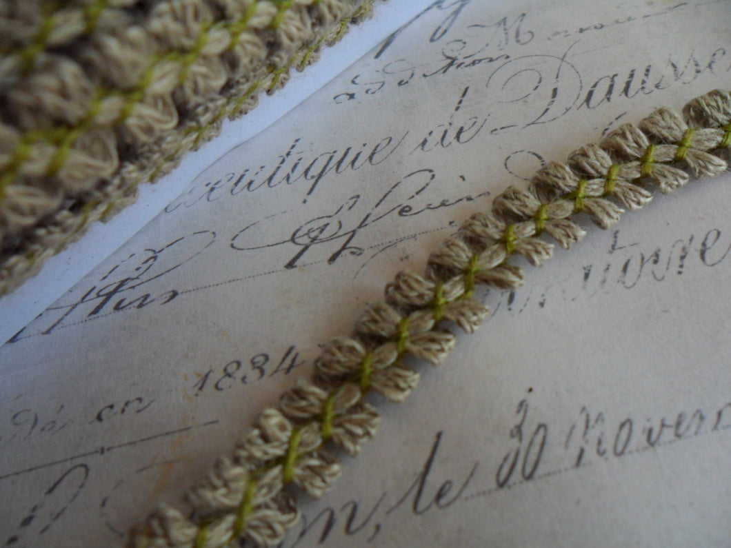 Natural Linen Looped Braid with Decorative Celery Green Stitching approx 3/8 inch wide