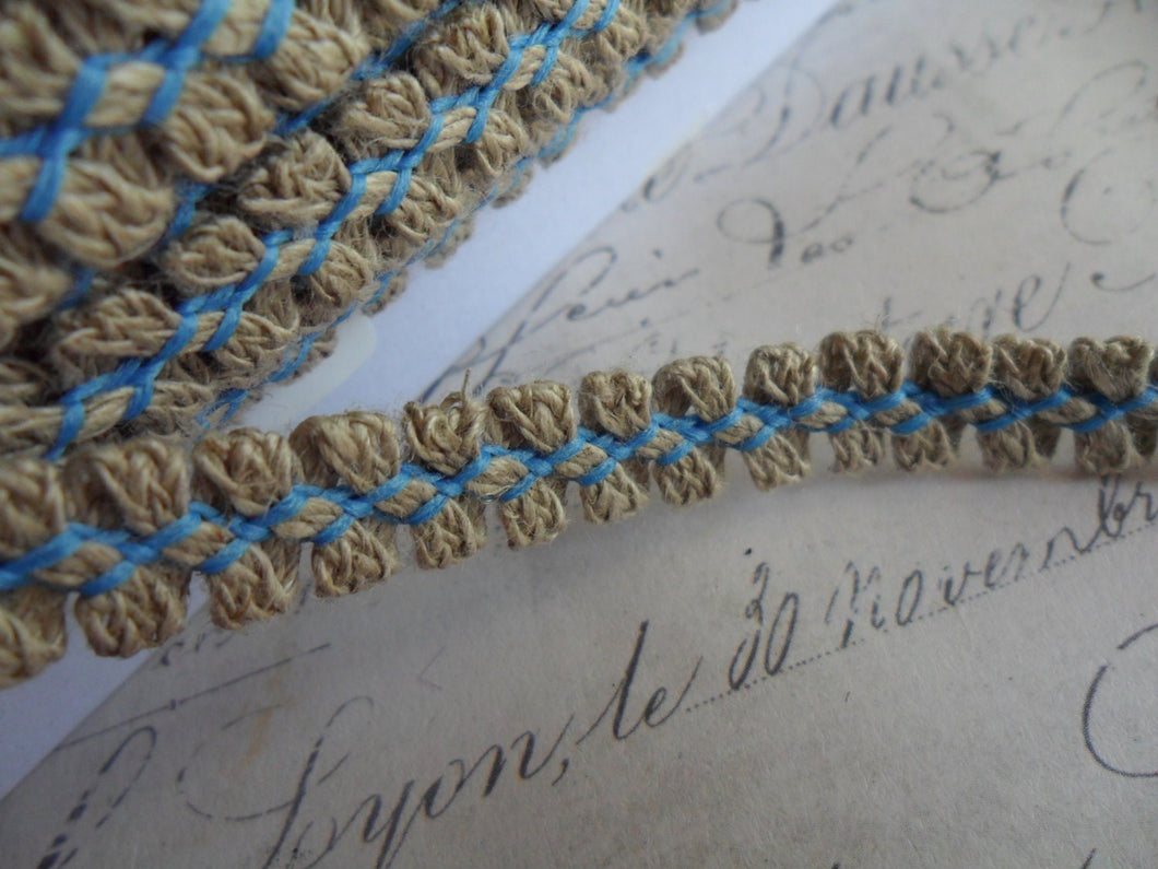 Natural Linen Looped Braid with Decorative Nordic Blue Stitching approx 3/8 inch wide