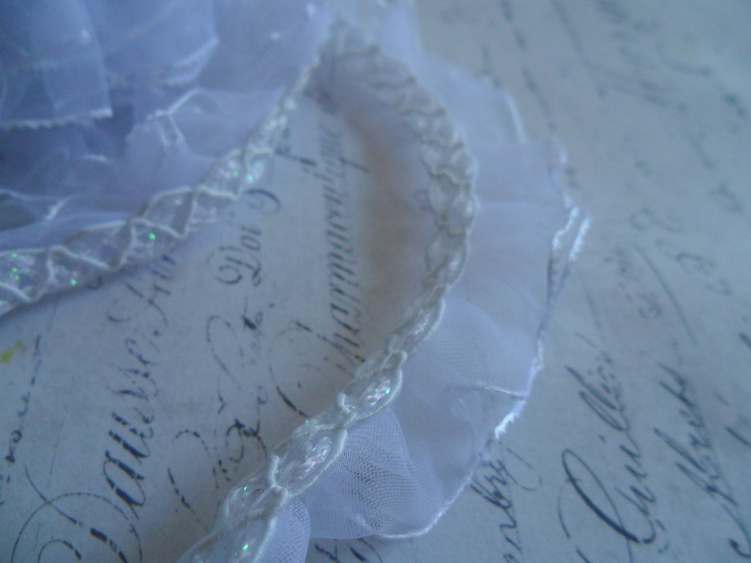 3/4 inch wide Sheer White Organza Double Ruffle With Picot Edge