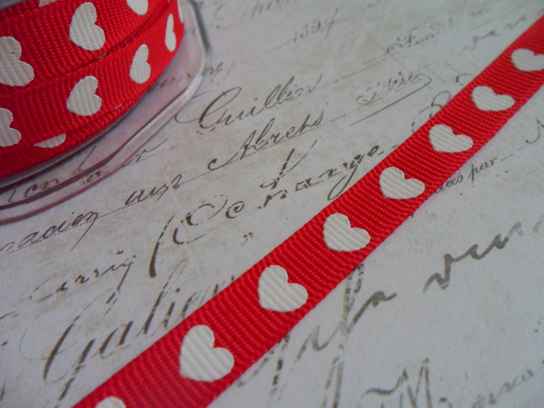 Lovely Red With White Hearts Grosgrain Ribbon Printed, approx 3/8 wide