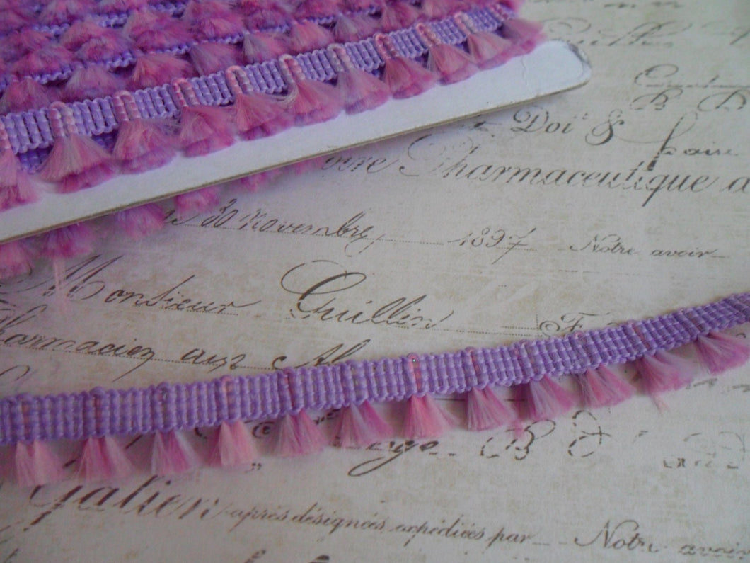 Violet Pastel and Pink Brush Fringe Trim with irridescent sparkle, approx 1/2 inch wide