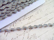 Load image into Gallery viewer, Natural Linen Ric Rac with Sky Blue Feather Stitching, 3/8 inch wide
