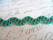 Load image into Gallery viewer, Aqua Turquoise Ric Rac with Green Trailing Vine Ribbon, 1/2 inch wide
