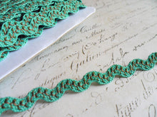 Load image into Gallery viewer, Aqua Turquoise Ric Rac with Green Trailing Vine Ribbon, 1/2 inch wide
