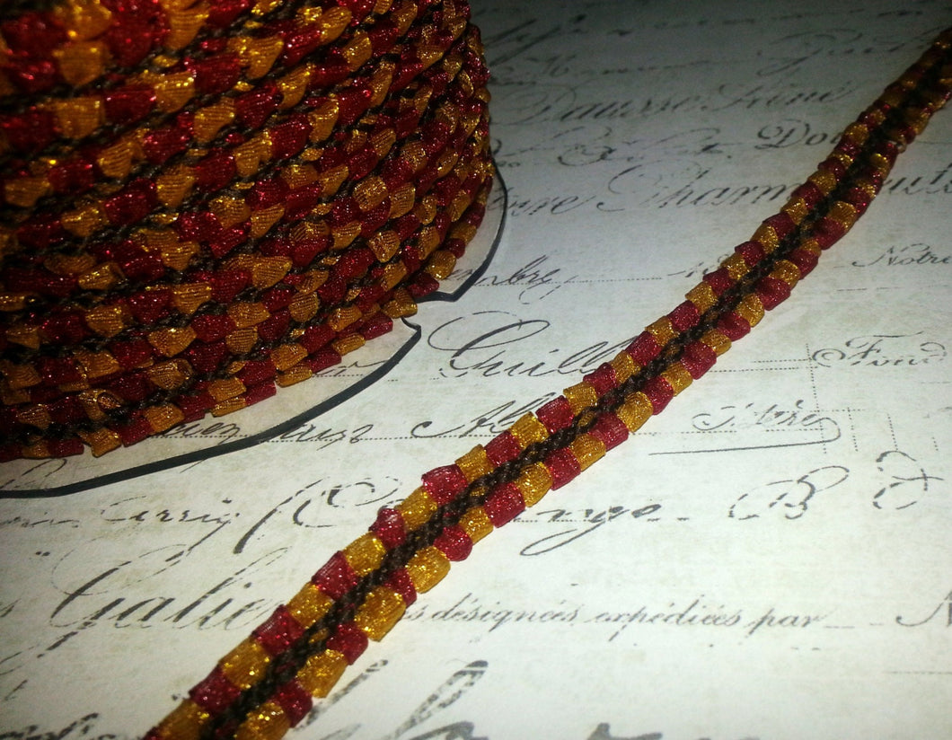 Harvest Gold and Ruby Red Sheer Puffy Braid Trimming, approx 3/8
