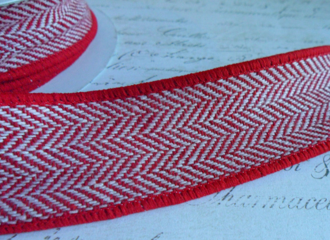 Red and White Herringbone Tweed Ribbon Trim. Approx 1 1/2 inch wide