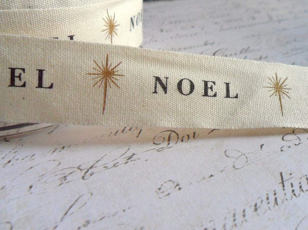Natural Cotton Canvas 3/4 inch wide, Noel and Star Ribbon
