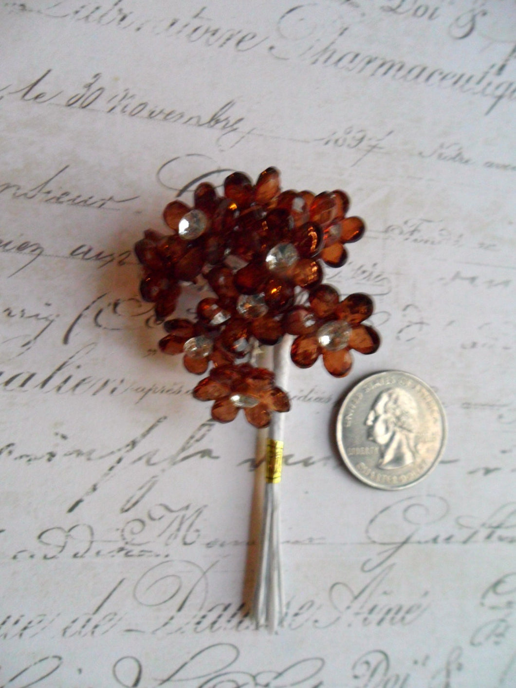 Root Beer Brown Acrylic Faceted Wired Flowers with Rhinestone Centers 12 Piece Set