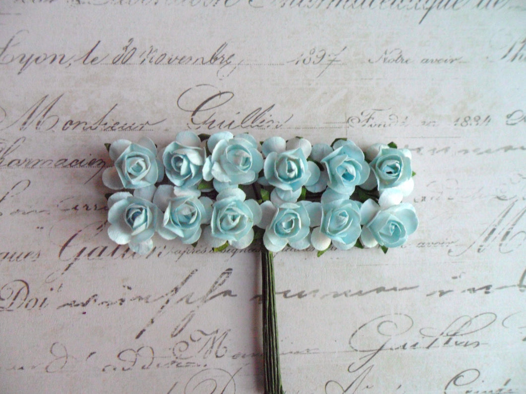 Vintage Style Soft Blue Paper Roses Wired, Set of 12