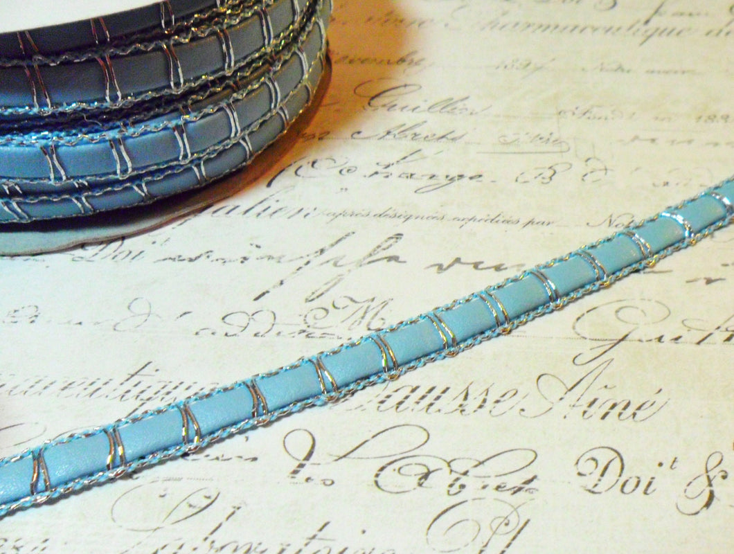 Robin Egg Blue Faux Leather and Silver Basket-weave Trim Approx 3/8 wide
