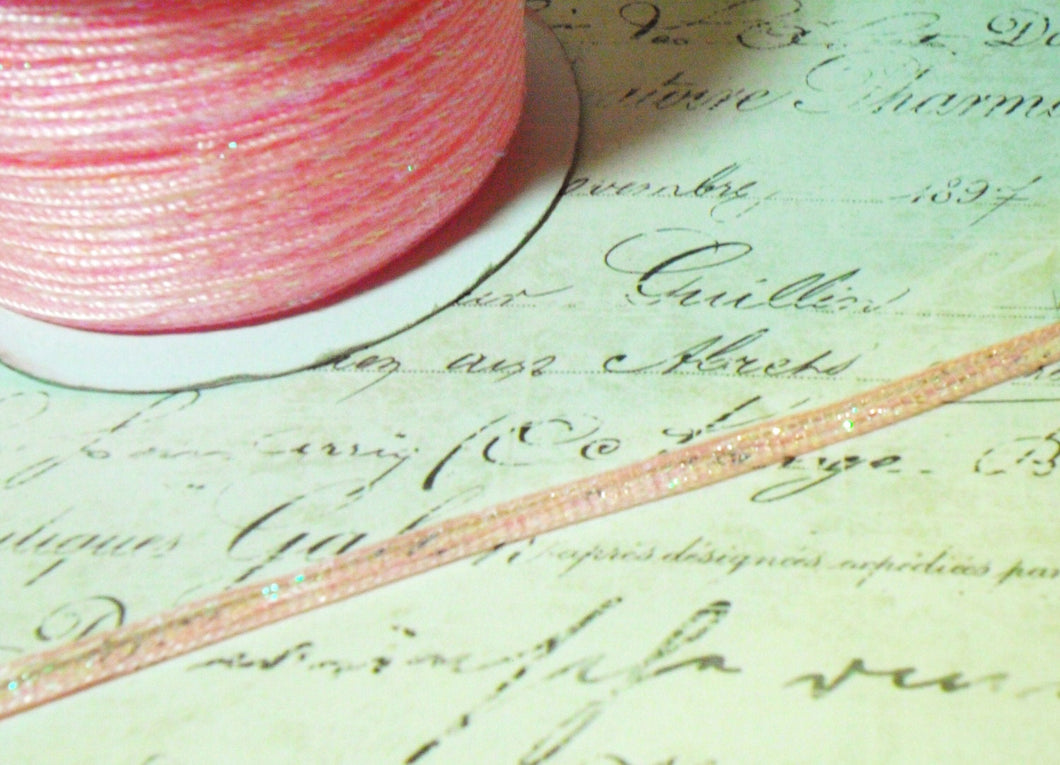 Pretty Pink Pull String Organza Ribbon with Iridescent Center   Approx 1/8