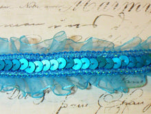 Load image into Gallery viewer, 1 1/2&quot; Wide Turquoise Blue Sequin Trim with Sheer Finished Ruffled Edges
