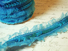 Load image into Gallery viewer, 1 1/2&quot; Wide Turquoise Blue Sequin Trim with Sheer Finished Ruffled Edges
