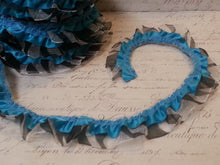 Load image into Gallery viewer, Black Organdy Zebra Print and Turquoise Satin Ruffle Trim, Approx 1&quot; Wide
