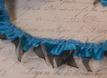 Load image into Gallery viewer, Black Organdy Zebra Print and Turquoise Satin Ruffle Trim, Approx 1&quot; Wide
