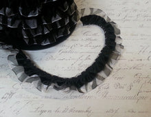 Load image into Gallery viewer, Black Organdy Zebra Print and Black Satin Ruffle Trim, Approx 1&quot; Wide
